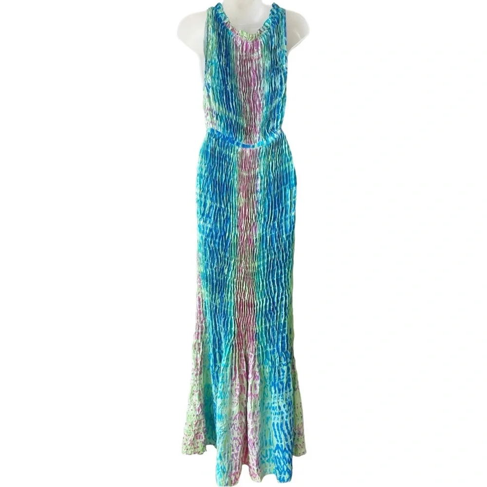 CALYPSO ST BARTH  100% Silk Pleated Maxi Dress Tie Dye Boho Blue Pink Green L - Picture 5 of 15